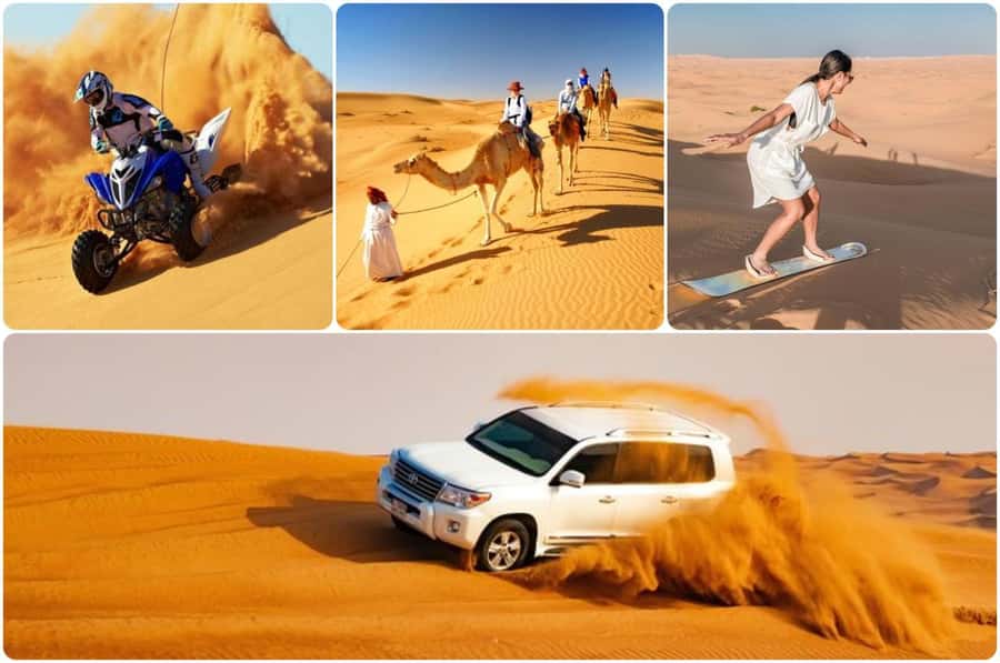 Doha: Desert Safari, Quad Bike, Camel Ride & Inland Sea Tour - Sandboarding with the sea ahead