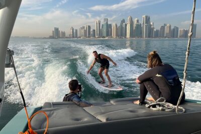 Private Wakesurfing or Wakeboarding along Doha’s skyline
